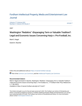 Washington "Redskins" -Disparaging Term Or Valuable Tradition?: Legal and Economic Issues Concerning Harjo V