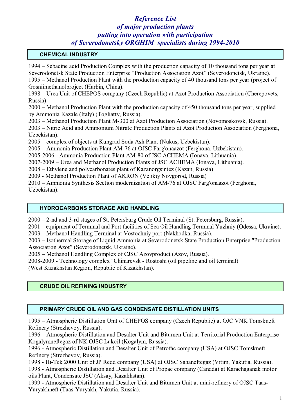 Reference List of Major Production Plants Putting Into Operation with Participation of Severodonetsky ORGHIM Specialists During 1994-2010