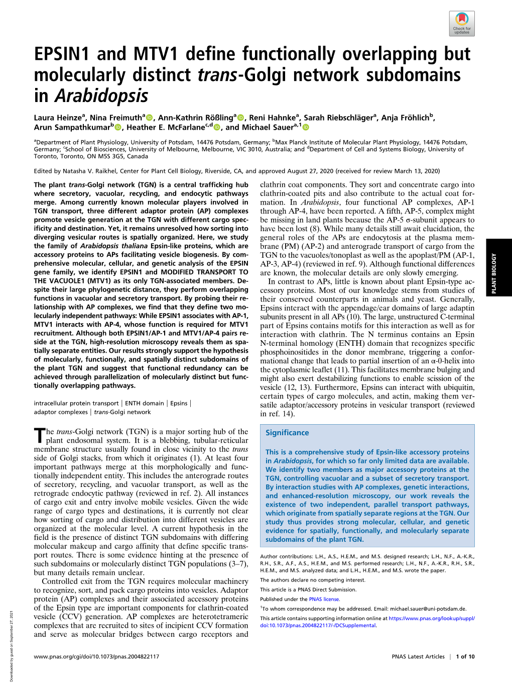 EPSIN1 and MTV1 Define Functionally Overlapping but Molecularly Distinct Trans-Golgi Network Subdomains in Arabidopsis