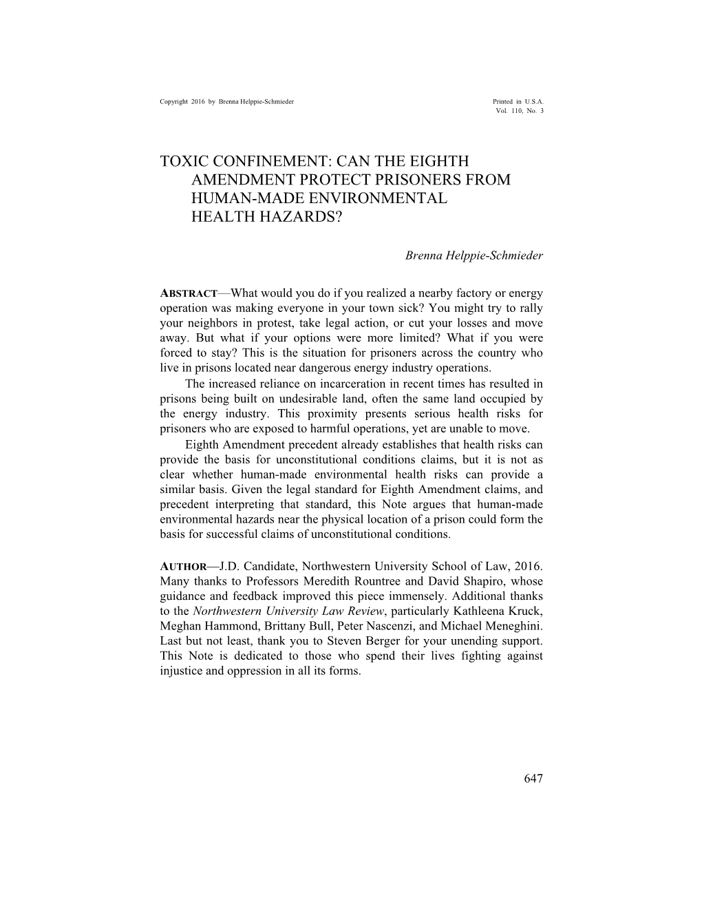 Toxic Confinement: Can the Eighth Amendment Protect Prisoners from Human-Made Environmental Health Hazards?