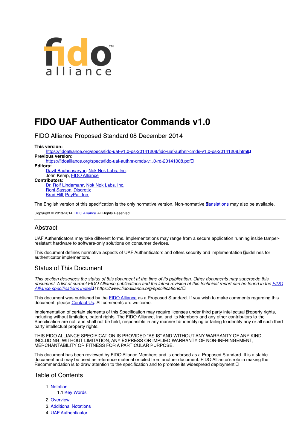FIDO UAF Authenticator Commands V1.0 FIDO Alliance Proposed Standard 08 December 2014