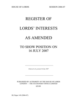Register of Lords' Interests As Amended