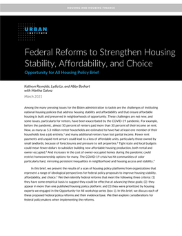 Federal Reforms to Strengthen Housing Stability, Affordability, and Choice Opportunity for All Housing Policy Brief