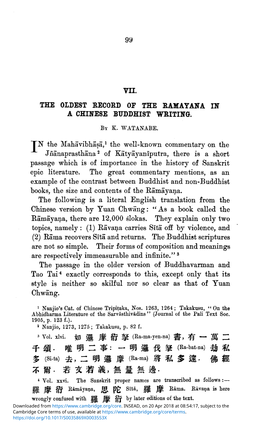 Vii. the Oldest Record of the Ramayana in a Chinese Buddhist Writing