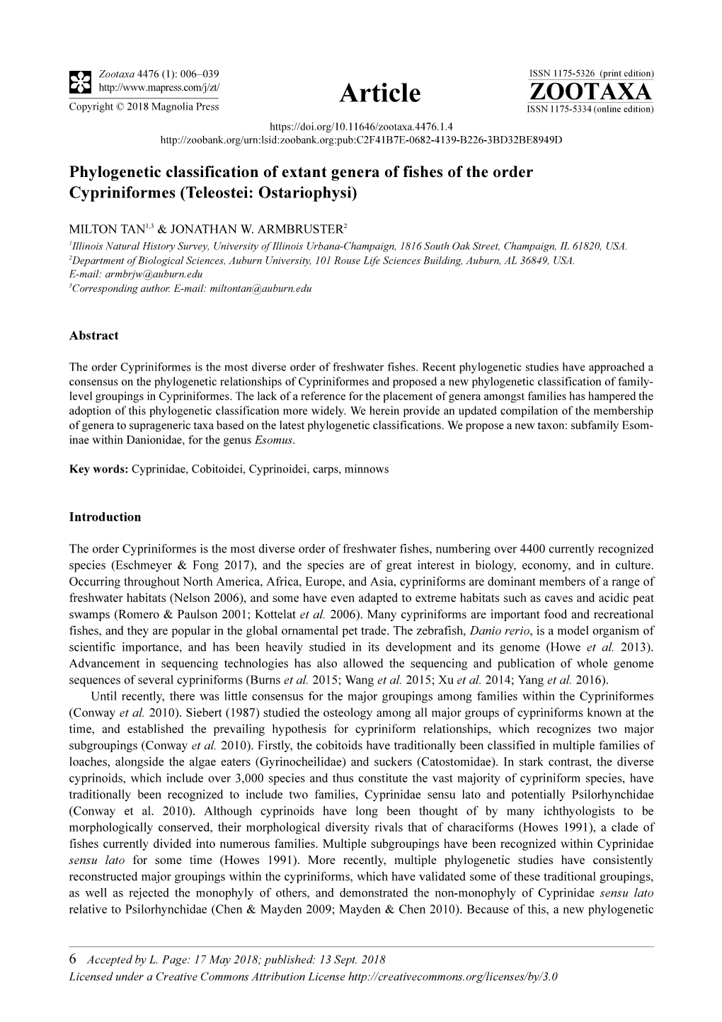 Phylogenetic Classification of Extant Genera of Fishes of the Order Cypriniformes (Teleostei: Ostariophysi)