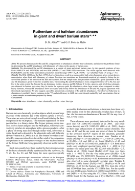 Ruthenium and Hafnium Abundances in Giant and Dwarf Barium Stars�,