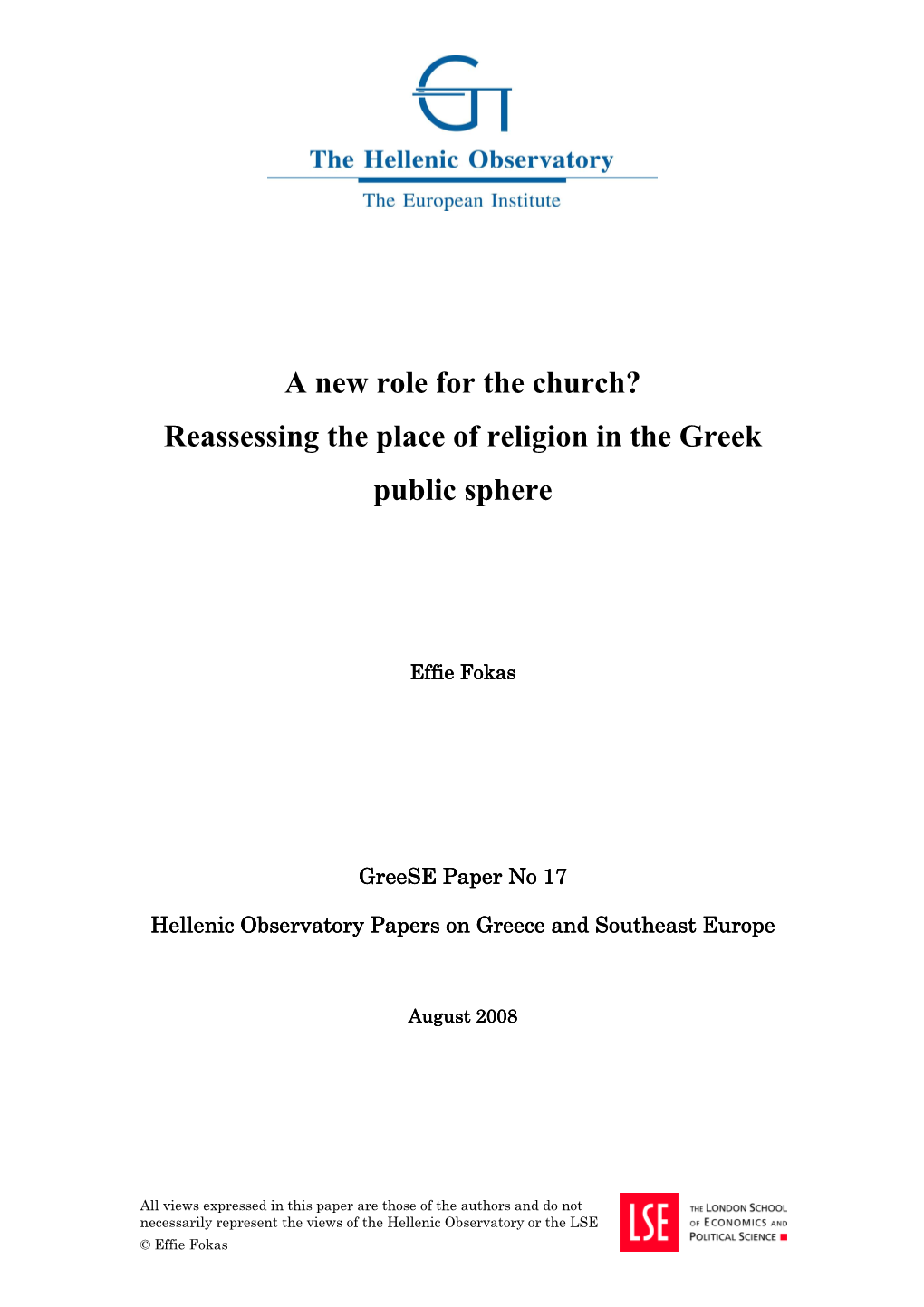 A New Role for the Church? Reassessing the Place of Religion in the Greek Public Sphere