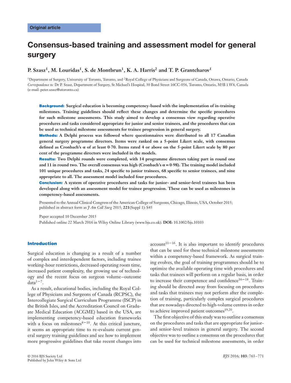 Consensus-Based Training and Assessment Model for General Surgery