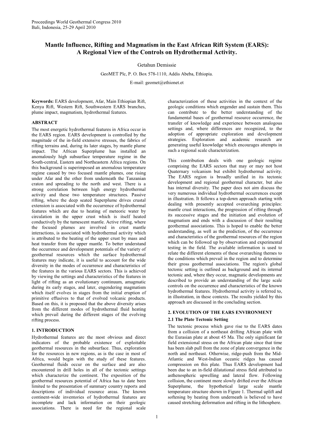 Mantle Influence, Rifting and Magmatism in the East African Rift System (EARS): a Regional View of the Controls on Hydrothermal Activity