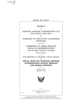 Hearing National Defense Authorization Act for Fiscal Year 2013 Oversight of Previously Authorized Programs Committee on Armed S