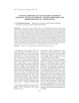 Natural History of Glenognatha Emertoni (Araneae, Tetragnathidae): Mating Behavior and Sperm Release in a Haplogyne