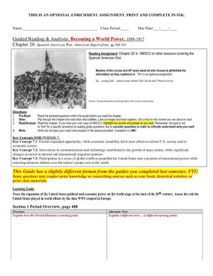 Guided Reading & Analysis: Becoming a World Power, 1898