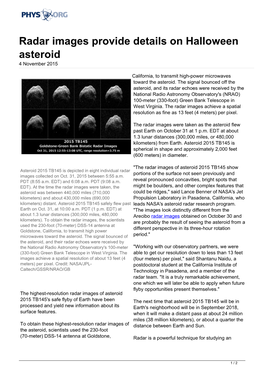 Radar Images Provide Details on Halloween Asteroid 4 November 2015