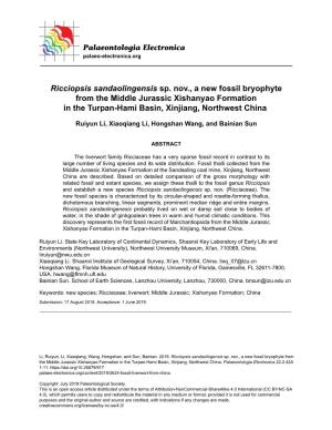 Ricciopsis Sandaolingensis Sp. Nov., a New Fossil Bryophyte from the Middle Jurassic Xishanyao Formation in the Turpan-Hami Basin, Xinjiang, Northwest China