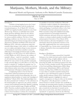 Marijuana, Mothers, Morals, and the Military: Rhetorical Motifs and Epistemic Authority in Pro-Medical Cannabis Testimonies Misha Lamb Class of 2018