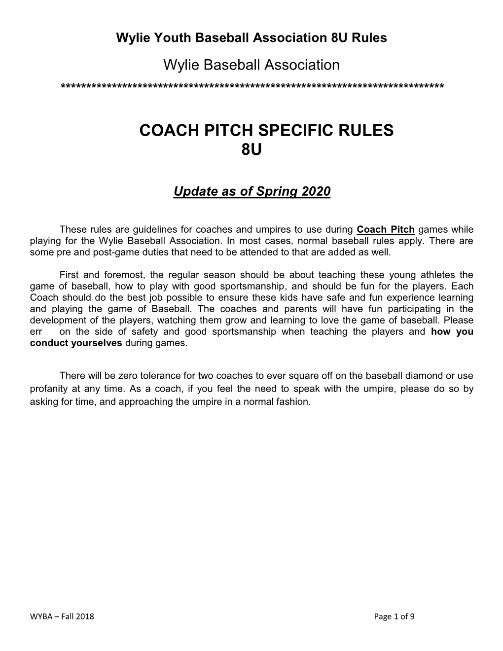 Coach Pitch Specific Rules 8U