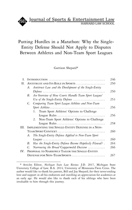 Putting Hurdles in a Marathon: Why the Single- Entity Defense Should Not Apply to Disputes Between Athletes and Non-Team Sport Leagues