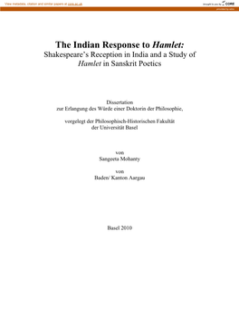 The Indian Response to Hamlet: Shakespeare’S Reception in India and a Study of Hamlet in Sanskrit Poetics