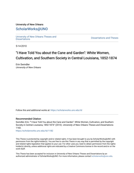 "I Have Told You About the Cane and Garden": White Women, Cultivation, and Southern Society in Central Louisiana, 1852-1874