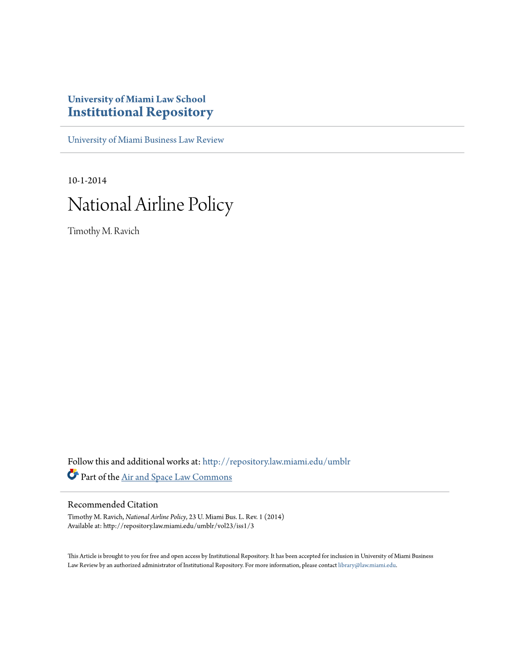 National Airline Policy Timothy M