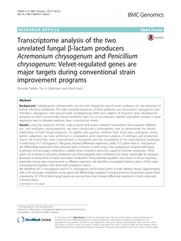 Penicillium Chrysogenum: Velvet-Regulated Genes Are Major Targets During Conventional Strain Improvement Programs Dominik Terfehr, Tim A