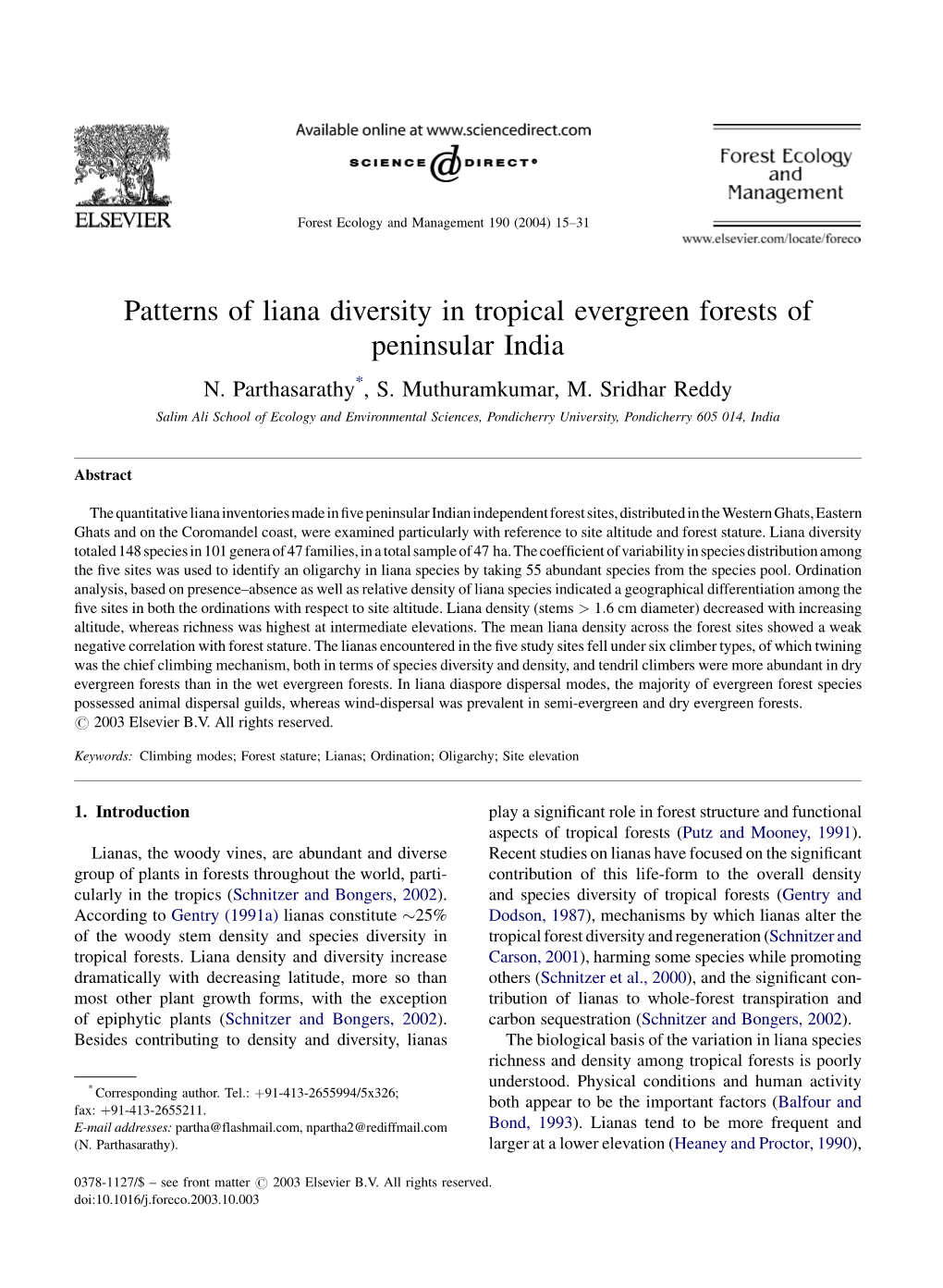 Patterns of Liana Diversity in Tropical Evergreen Forests of Peninsular India N