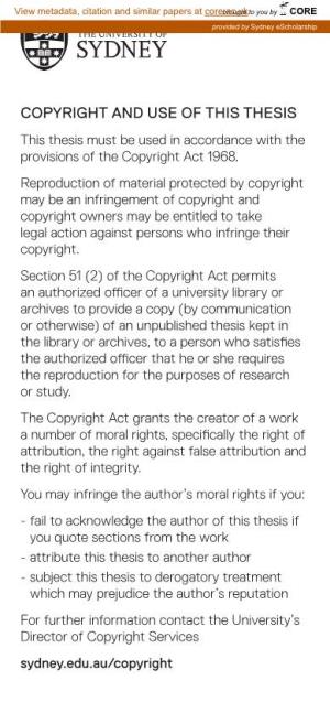 Copyright and Use of This Thesis This Thesis Must Be Used in Accordance with the Provisions of the Copyright Act 1968
