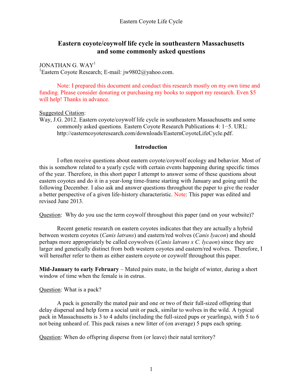 Eastern Coyote/Coywolf Life Cycle in Southeastern Massachusetts and Some Commonly Asked Questions