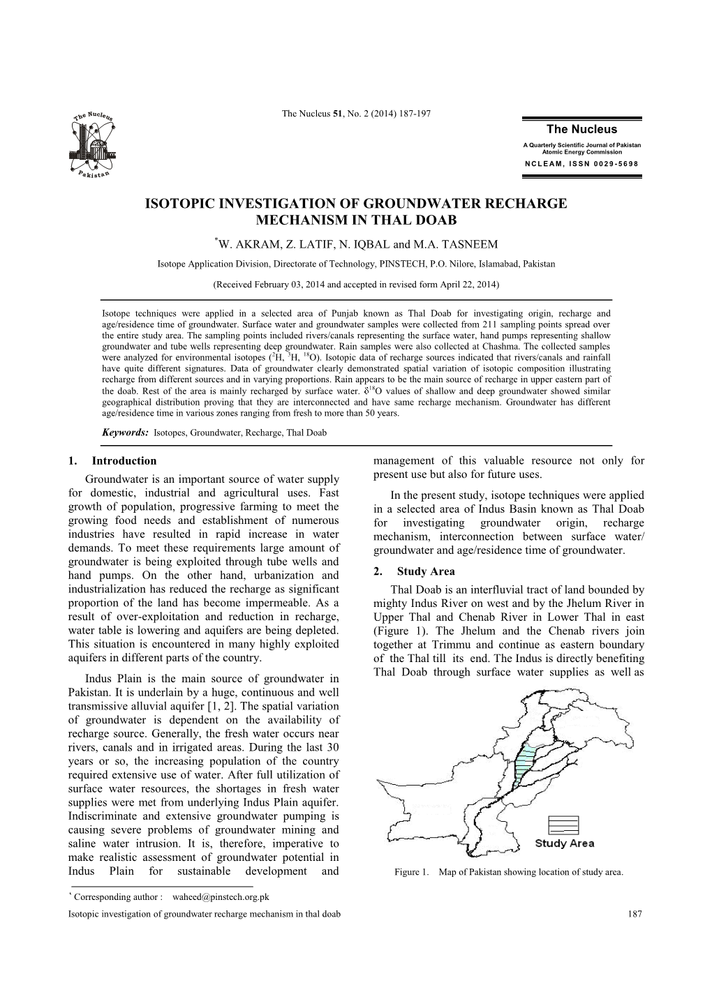 Waheed@Pinstech.Org.Pk Isotopic Investigation of Groundwater Recharge Mechanism in Thal Doab 187 the Nucleus 51, No