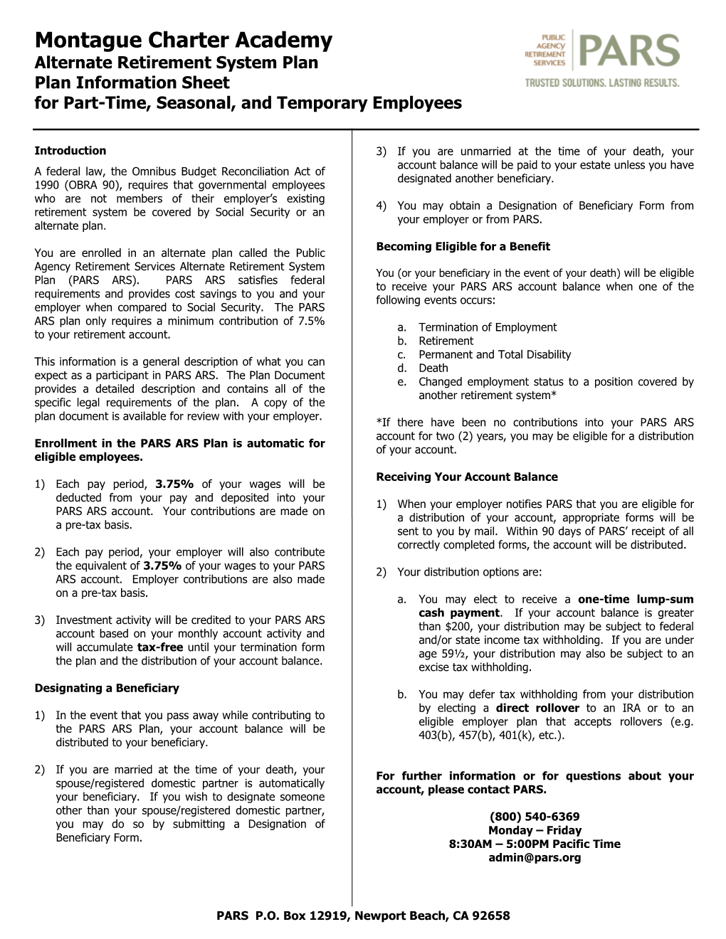 Montague Charter Academy Alternate Retirement System Plan Plan Information Sheet for Part-Time, Seasonal, and Temporary Employees