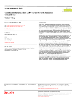 Canadian Interpretation and Construction of Maritime Conventions William Tetley