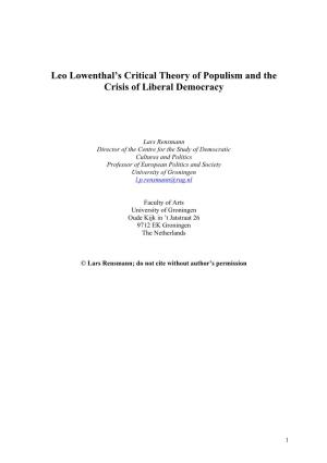 Leo Lowenthal's Critical Theory of Populism and the Crisis of Liberal