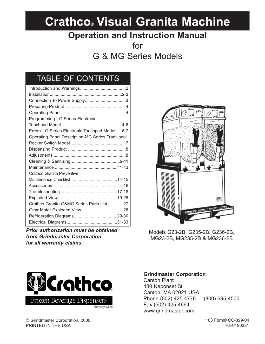 Crathco® Visual Granita Machine Operation and Instruction Manual for G & MG Series Models