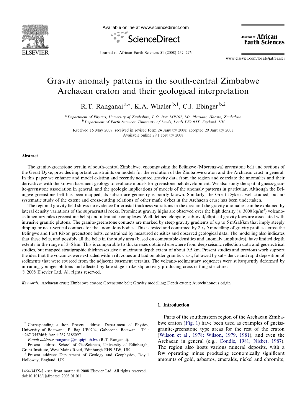 Gravity Anomaly Patterns in the South-Central Zimbabwe Archaean Craton and Their Geological Interpretation
