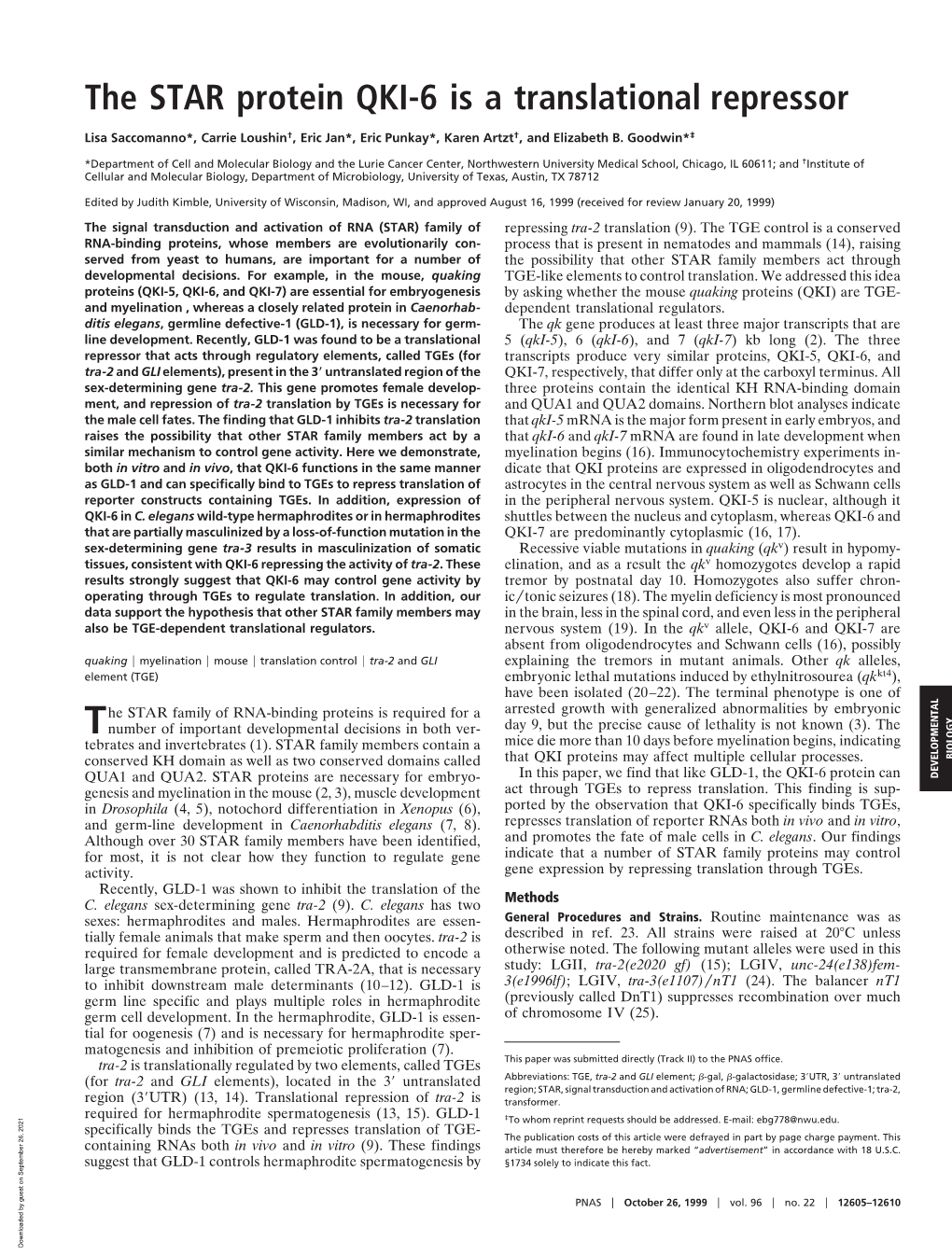 The STAR Protein QKI-6 Is a Translational Repressor