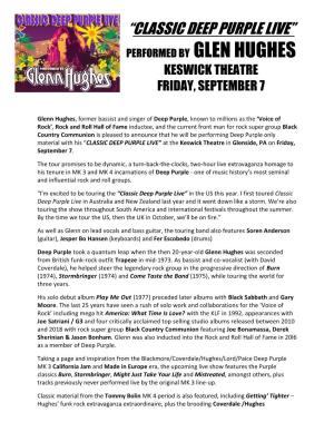 “Classic Deep Purple Live” Performed by Glen Hughes Keswick Theatre Friday, September 7