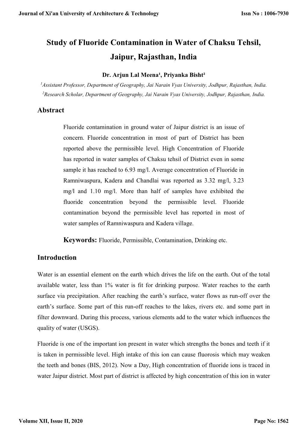 Study of Fluoride Contamination in Water of Chaksu Tehsil, Jaipur, Rajasthan, India