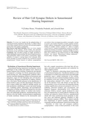 Review of Hair Cell Synapse Defects in Sensorineural Hearing Impairment