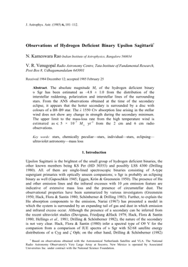 Observations of Hydrogen Deficient Binary Upsilon Sagittarii†