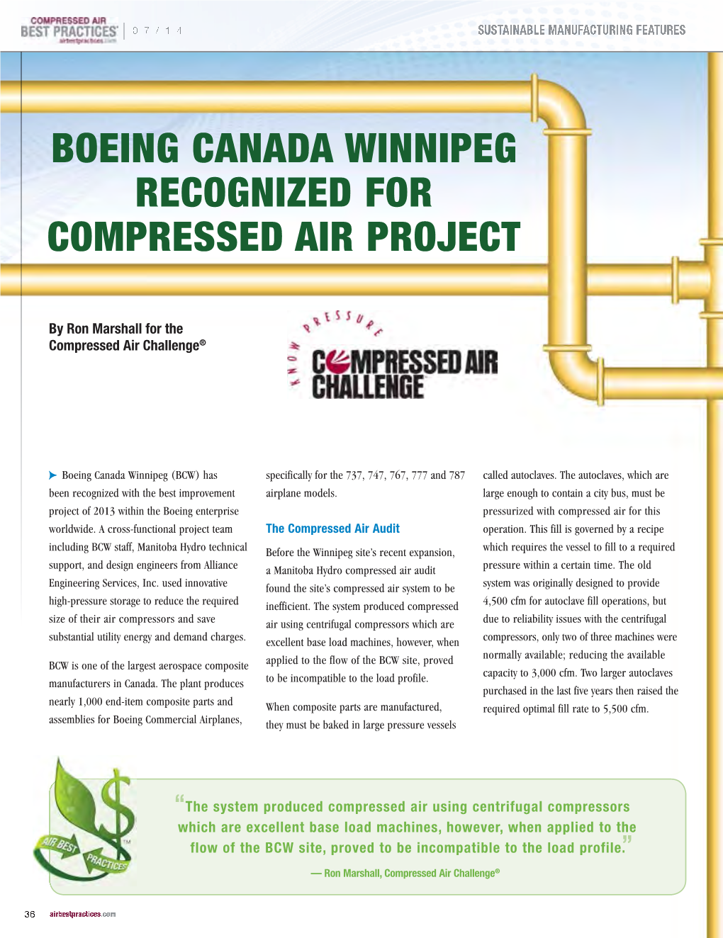 Boeing Canada Winnipeg Recognized for Compressed Air Project