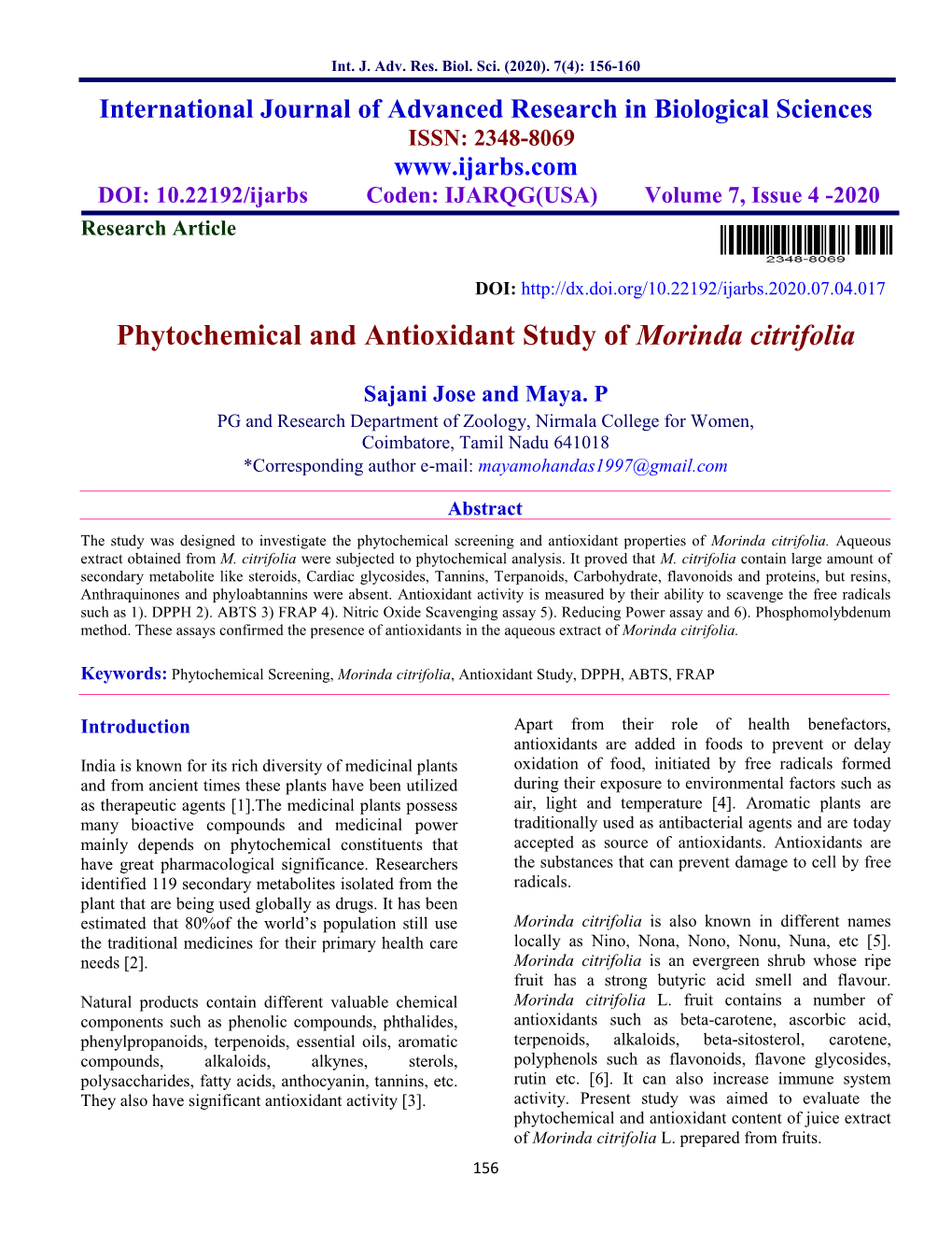 Phytochemical and Antioxidant Study of Morinda Citrifolia