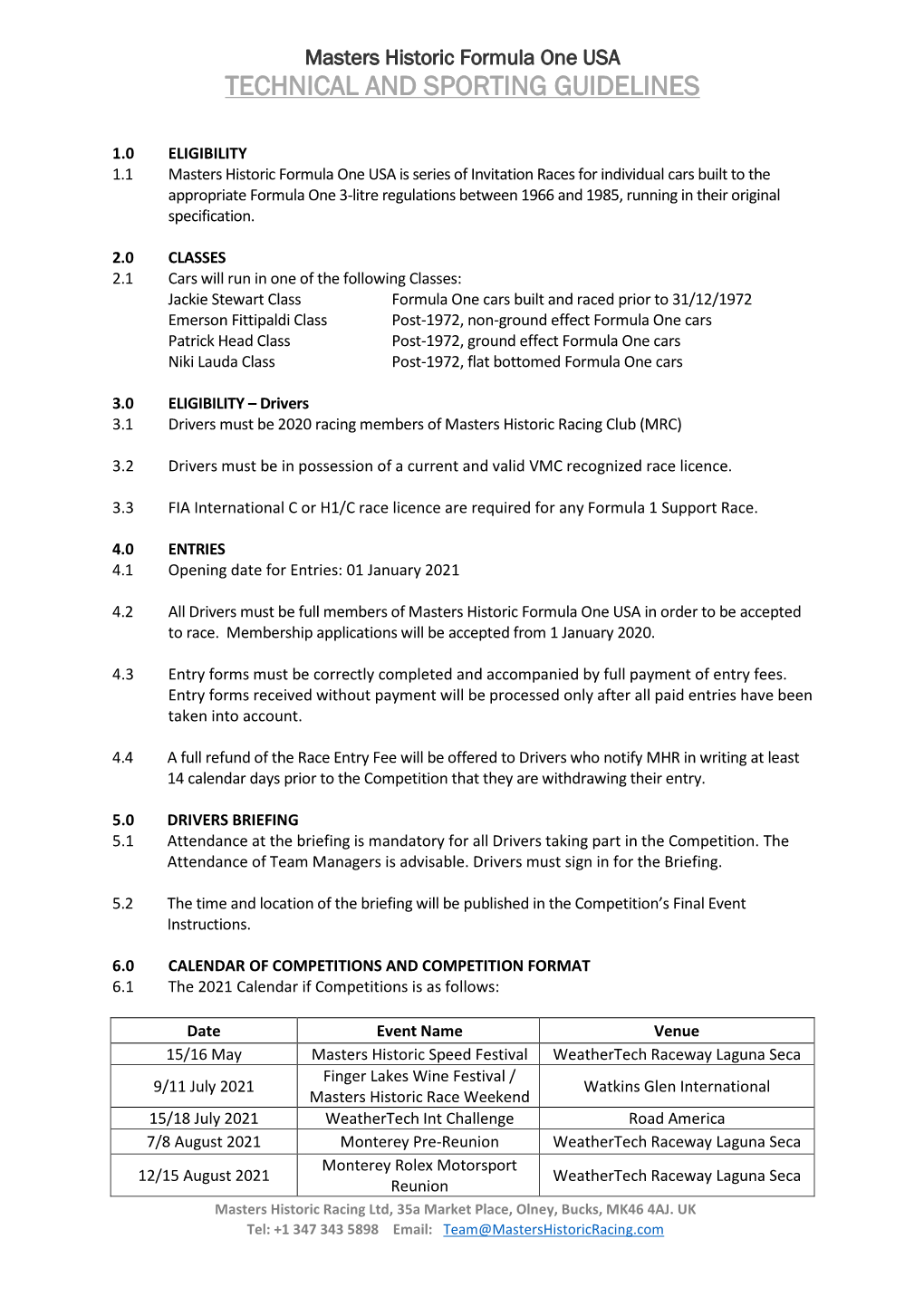 2021 Masters Historic Formula One USA Sporting Guidelines