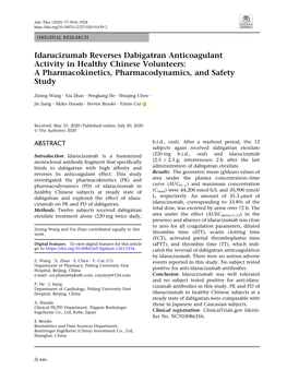 Idarucizumab Reverses Dabigatran Anticoagulant Activity in Healthy Chinese Volunteers: a Pharmacokinetics, Pharmacodynamics, and Safety Study