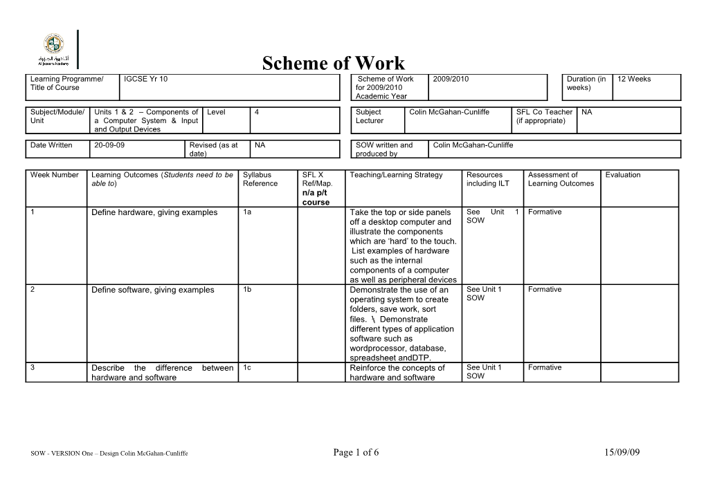 Supporting Guidance for Completion of Schemes of Work