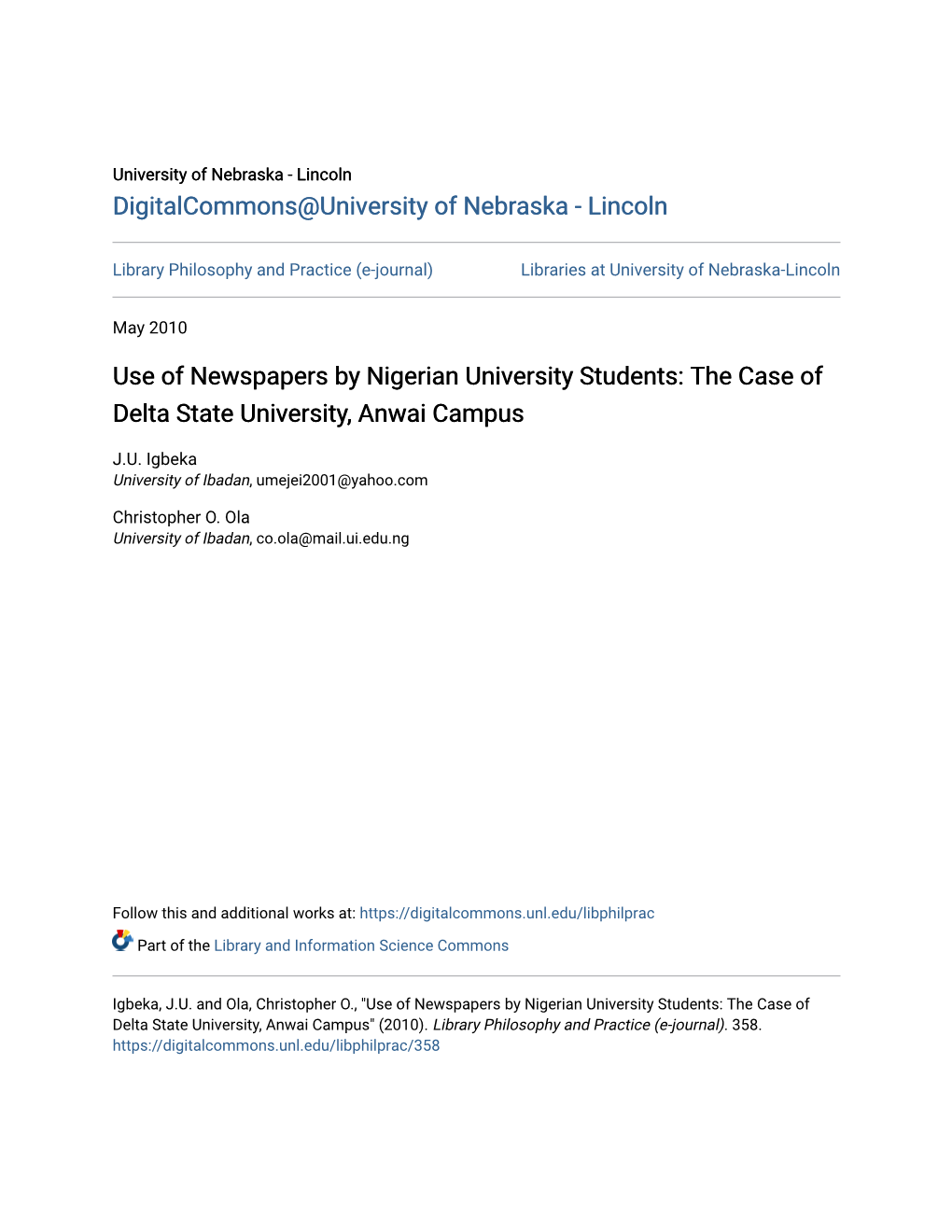 Use of Newspapers by Nigerian University Students: the Case of Delta State University, Anwai Campus