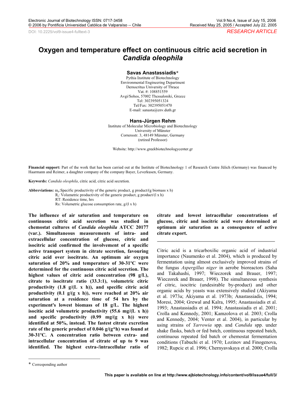 Oxygen and Temperature Effect on Continuous Citric Acid Secretion in Candida Oleophila