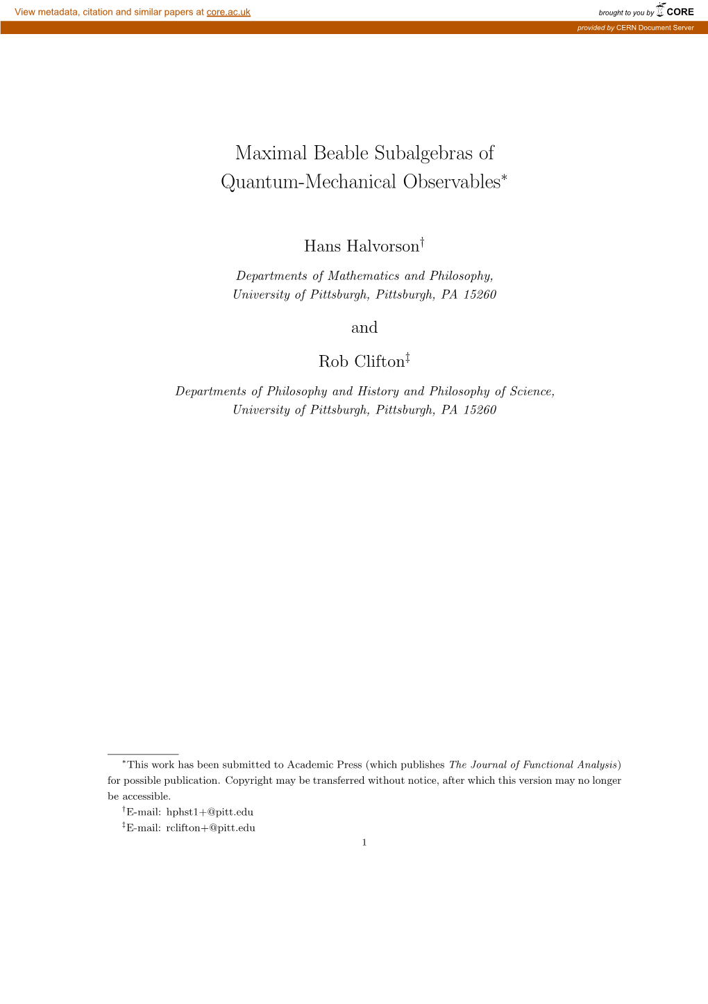 Maximal Beable Subalgebras of Quantum-Mechanical Observables∗