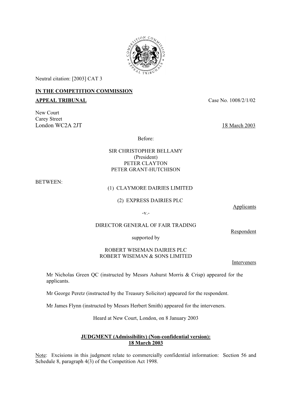 JUDGMENT (Admissibility) (Non-Confidential Version): 18 March 2003