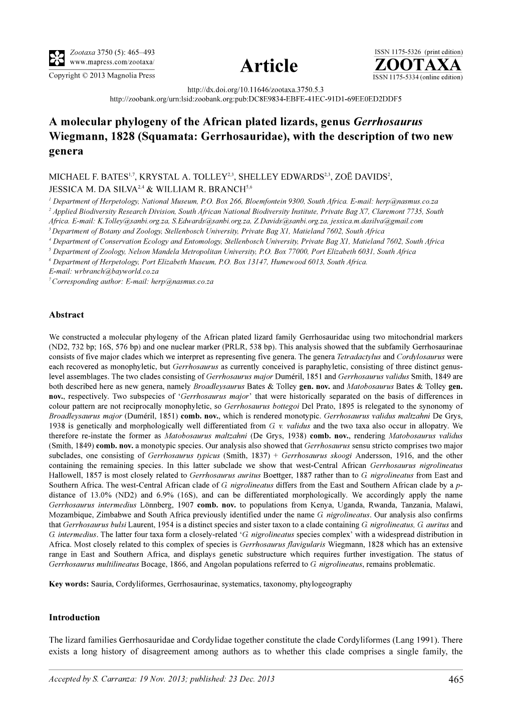 A Molecular Phylogeny of the African Plated Lizards, Genus Gerrhosaurus Wiegmann, 1828 (Squamata: Gerrhosauridae), with the Description of Two New Genera