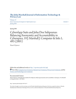 Cyberslapp Suits and John Doe Subpoenas: Balancing Anonymity and Accountability in Cyberspace, 19 J